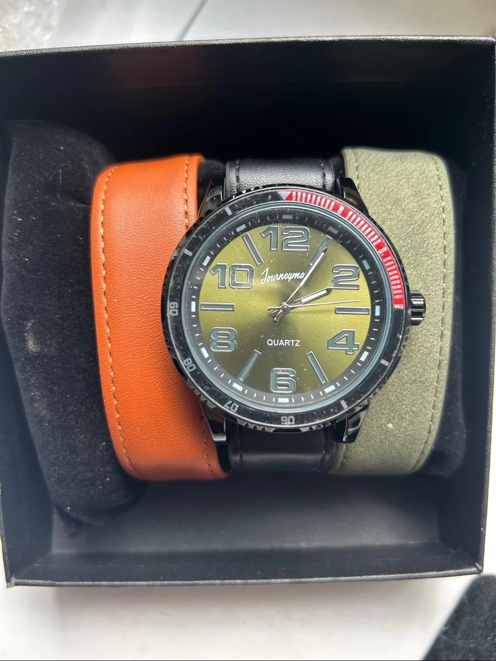 Olive Green 2” Dial Face 3 Straps Quartz Watch - Black Box Case